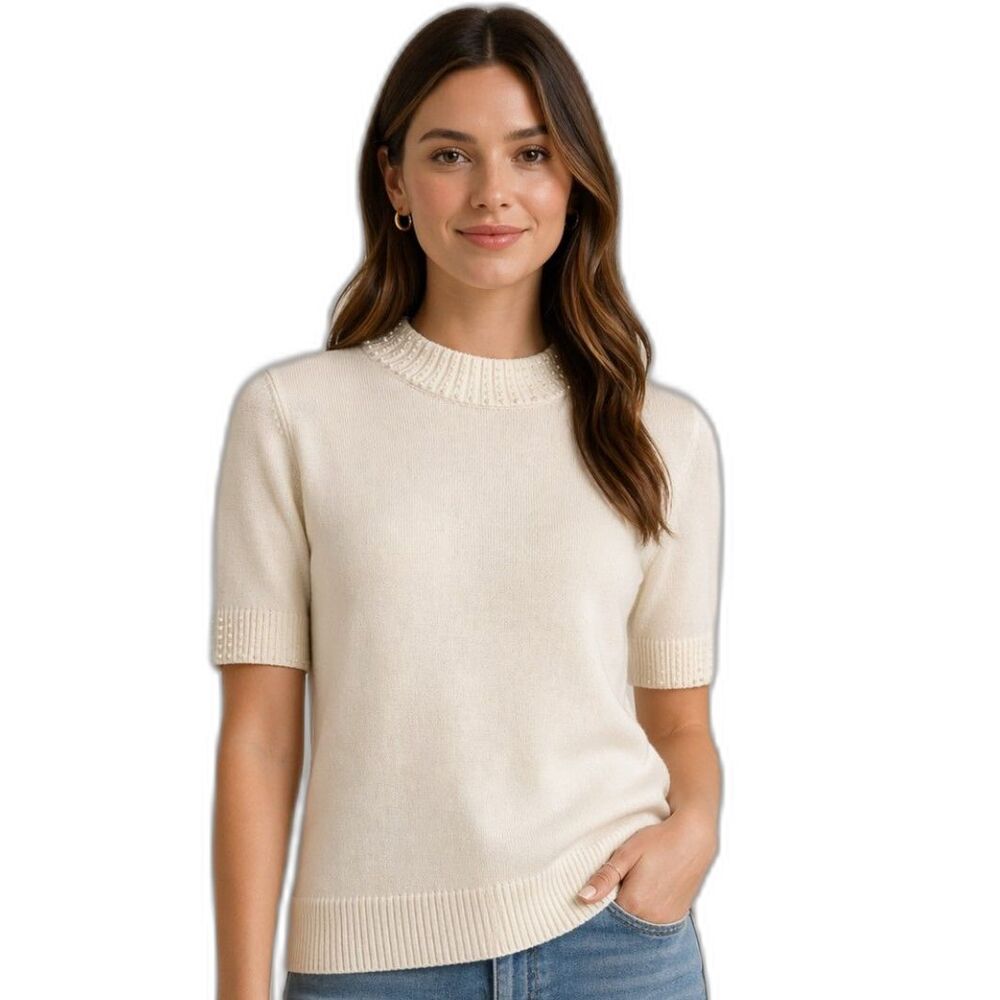 Ann Taylor Short Sleeve Pearl Embellished Cotton Sweater - Size Medium